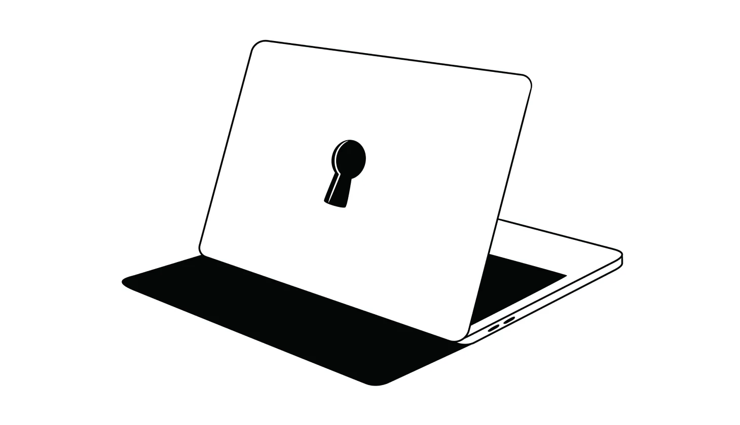 An illustration of the back of an open laptop with a keyhole on the top panel